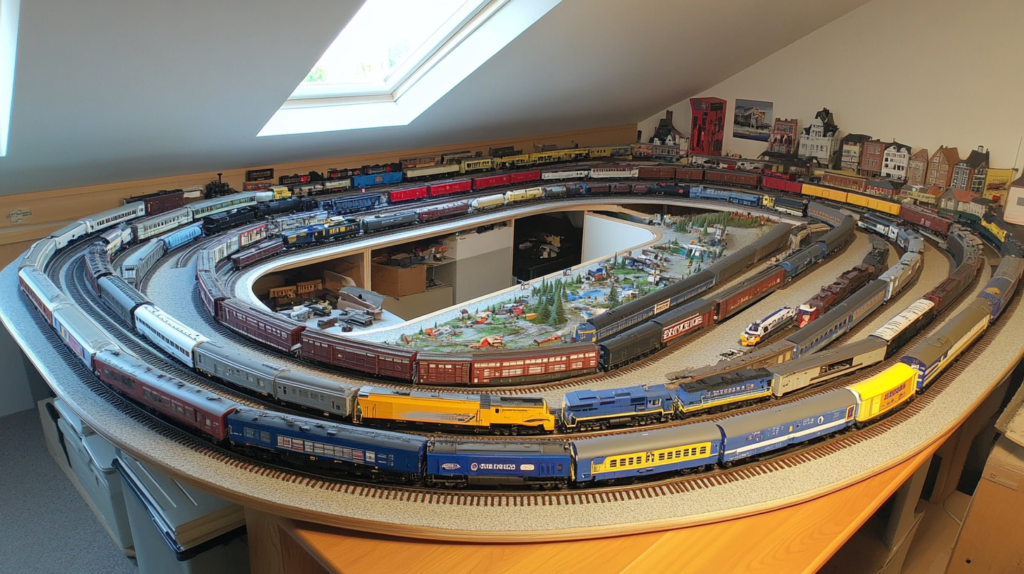 model trains in an attic